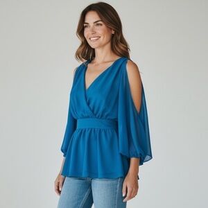 Bebe Teal Sheer Plunge Long Sleeve Blouse – Size S